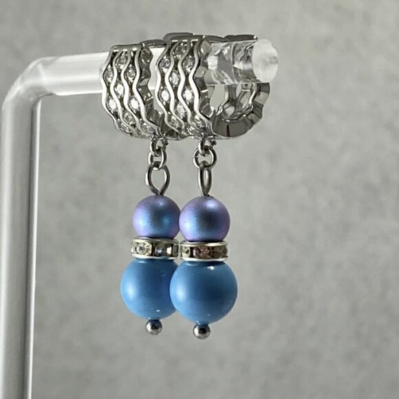 Austrian Crystal Pearls on Sterling Silver Earrings with Cubic Zirconia Stones - Picture 1 of 4